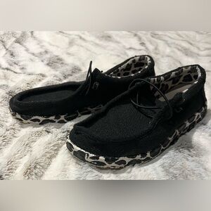 Hey Dude Black Women's Casual Slip-On Shoes with Leopard-Trim size 9